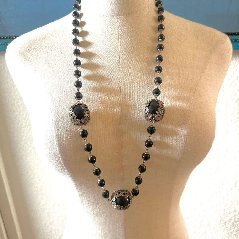 Vintage long black beaded necklace